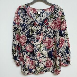 Ann Taylor Loft‎ Factory V-Neck Faux Silk Floral 3/4 Sleeve Top Medium Petite